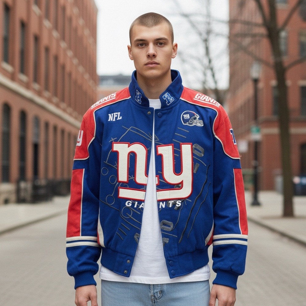 VTG Reebok NFL New York Giants Blue Redโ Embroidered Bomber Jacket Mens M NWOT